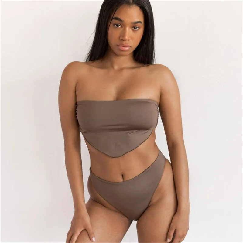 Wholesaler New Arrival Apron Tube Top Brown Sexy High Waist Bikini, High Quality 2 Pcs Vintage Women Fitness Swimwear For Ladies Swimsuit with Skirt