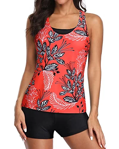 High Waisted Athletic Sports Bra Tankini Swimsuits For Women-Red Floral Deep-V Swimsuit Design