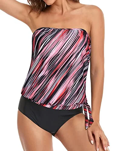 Tummy Control Bandeau Tankini Bathing Suits For Women-Pink Stripe Plunge Neckline Swimsuit