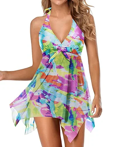 Backless Asymmetrical Handkerchief Swimdress For Women-Color Tie Dye Push-Up Bikini Top