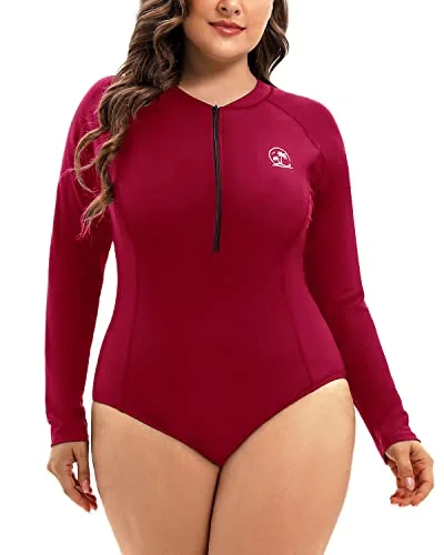 Plus Size One Piece Rash Guard For Women Long Sleeve Swimsuit Upf 50+-Red Flirty Ruffle Swimsuit