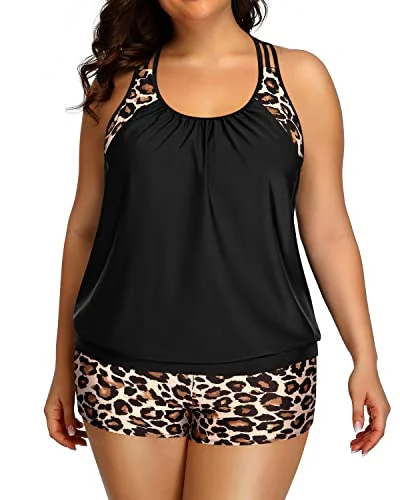 Plus Size Tankini Swimsuit For Women Two Piece Tummy Control Bathing Suit-Black Leopard Beach Ready Swimsuit