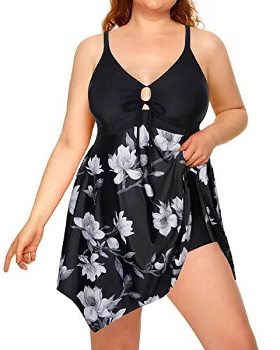 Irregular Hem Plus Size Swimdress Boylegs For Women-Black Comfortable Tankini Set