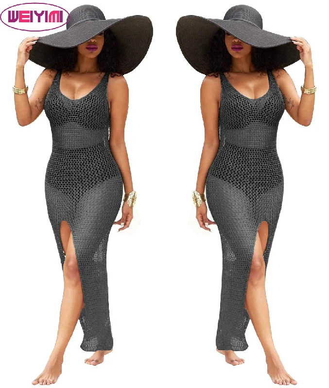 Women's Sexy Sleeveless Swimsuit Cover Ups Sheer Crochet Plus Size Beach Bikini See Through Swimwear Maxi Dresses High-Cut One-Piece