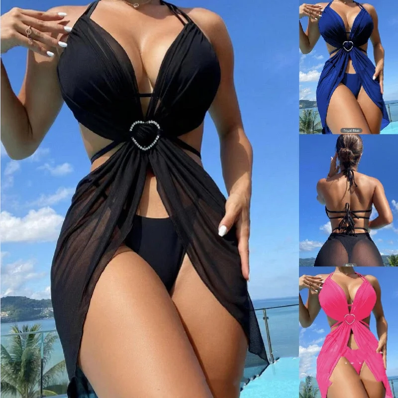 Women's Solid Color Split Swimsuit Three-piece Bikini Sleek Full Coverage