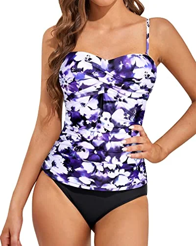 Slimming Tummy Control Bandeau Tankini Tops For Women Swimwear-Blue Floral Classic Monokini Design