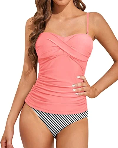 Comfortable And Stylish Bandeau Tankini Swimwear-Coral Pink Stripe Sexy Monokini Swimsuit