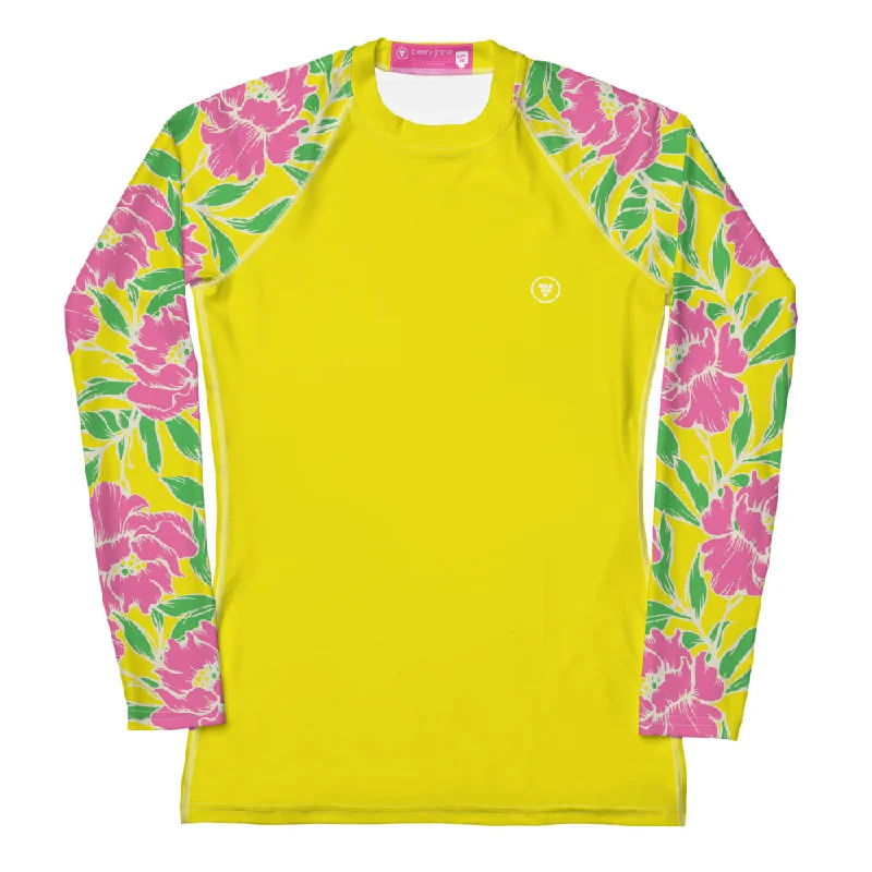 Women's UPF 50+ Yellow Rash Guard, Swim Shirt - Pink Peonies Sexy Swimwear Set