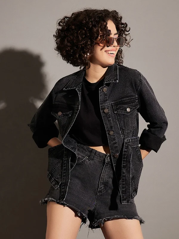 Lyush Women Black Washed Denim Belted Jacket Fleece Fabric Down Fabric Feather Fabric Lyush Women Black Washed Denim Belted Jacket Fleece Fabric Down Fabric Feather Fabric