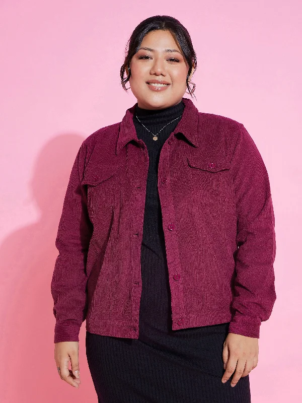 Lyush Women Burgundy Corduroy Button Jacket Knit Fabric Woven Fabric Fleece Fabric