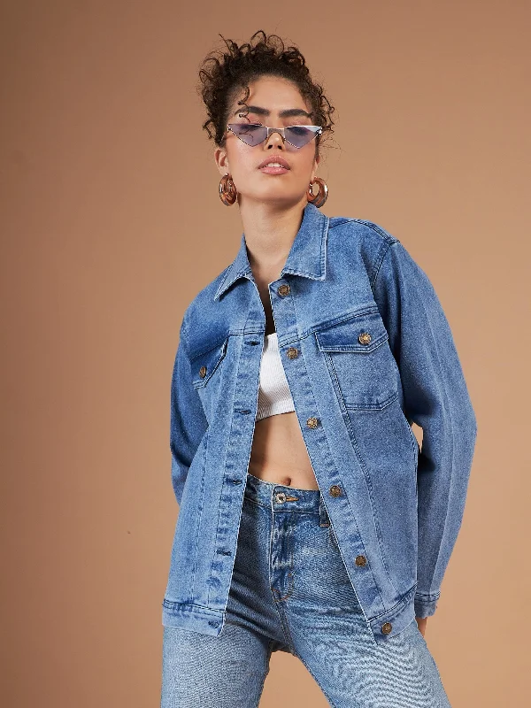 Lyush Women Ice Blue Washed Denim Oversized Jacket Cotton Jacket Linen Jacket Terry Jacket