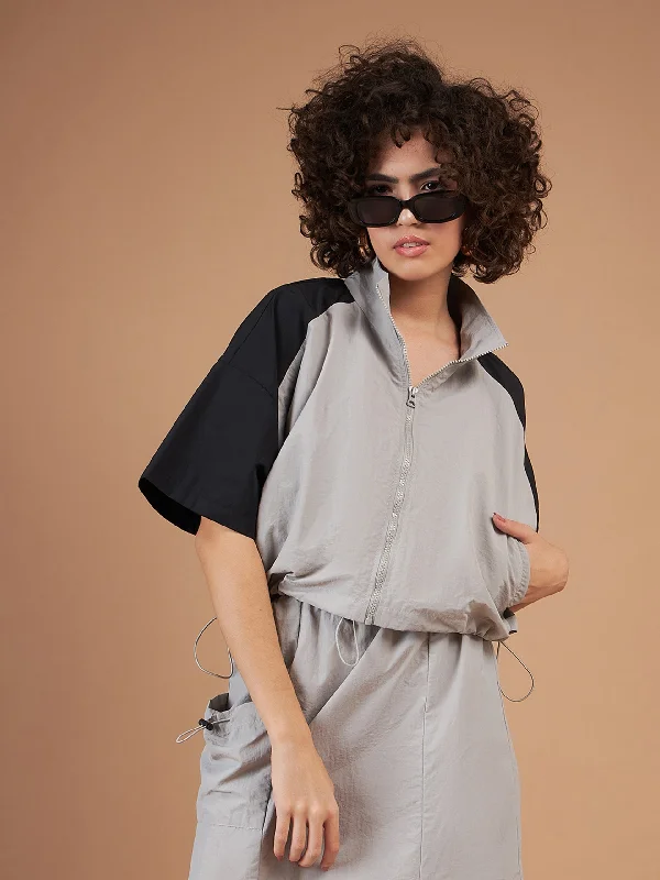 Lyush Women Light Grey ColourBlock Parachute Zipper Jacket Jacket Blazer Coat