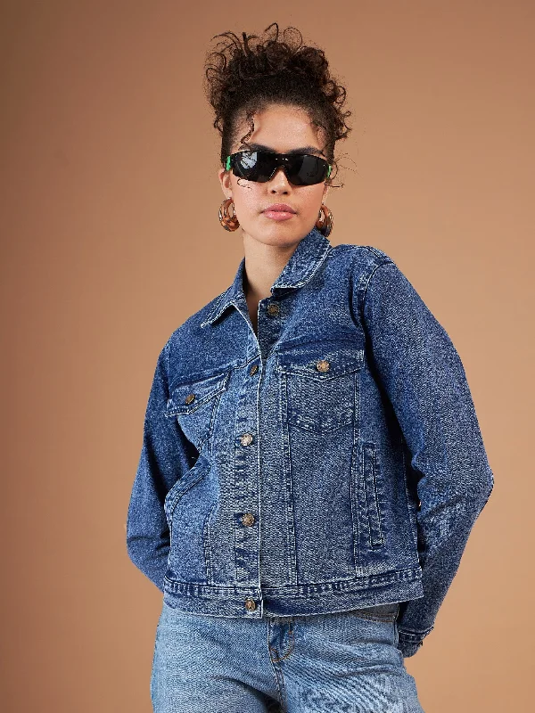 Lyush Women Navy Washed Denim Regular Jacket Herringbone Jacket Checkered Jacket Solid Jacket