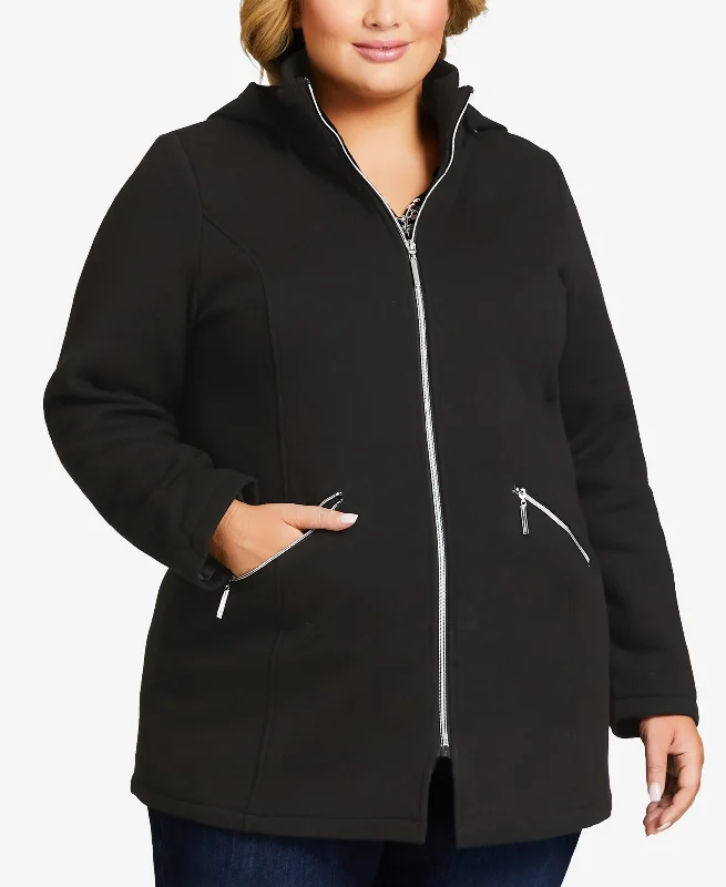 Plus Size Hooded Fleece Jacket Tiered Jacket Buttoned Jacket Zippered Jacket