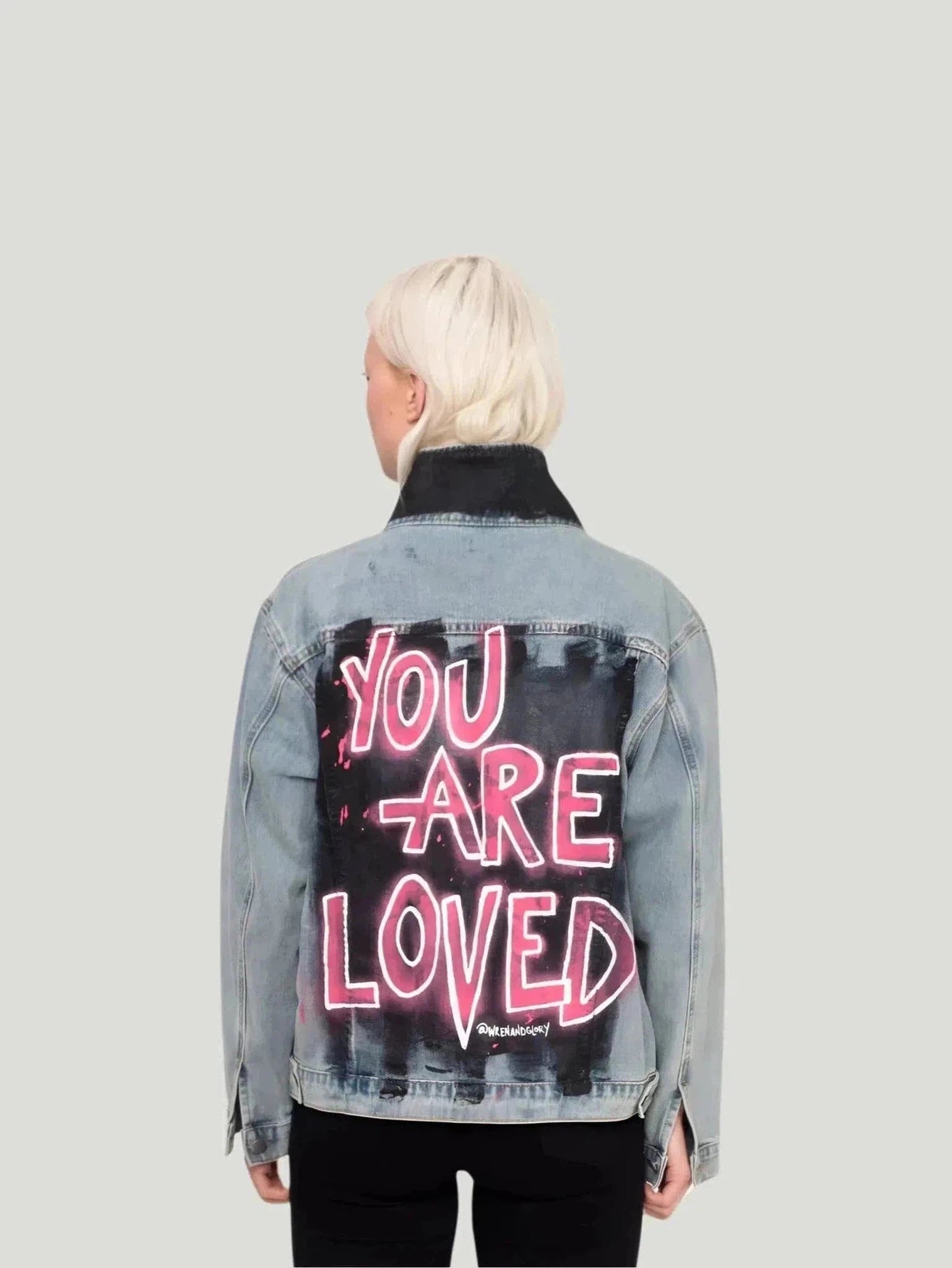 Wren + Glory '4EVA LOVED' Hand Painted Denim Jacket Quilted Jacket Puffer Jacket Insulated Jacket