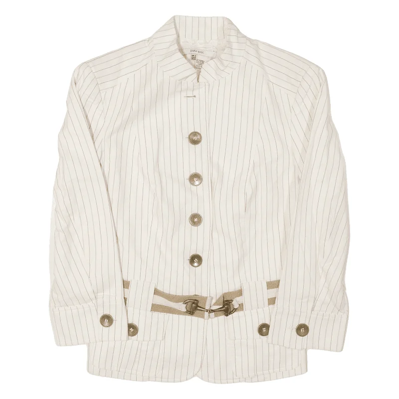 ZARA Basic Jacket Cream Pinstripe Womens M Toggled Jacket Drawstring Jacket Belted Jacket