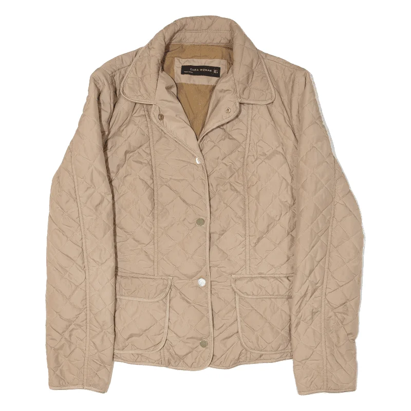 ZARA Quilted Jacket Beige Womens L Zippered Jacket Buttoned Jacket Snapped Jacket