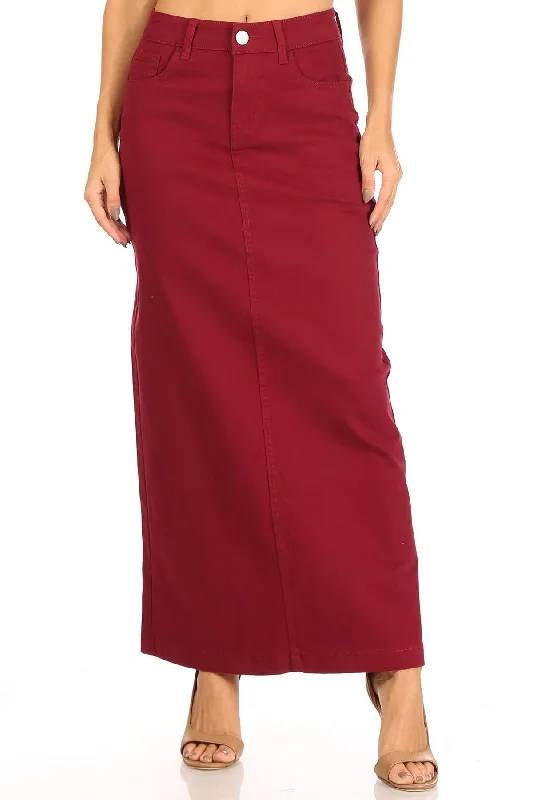 Ava Long Color Denim Skirt in Wine velvet skirt luxury