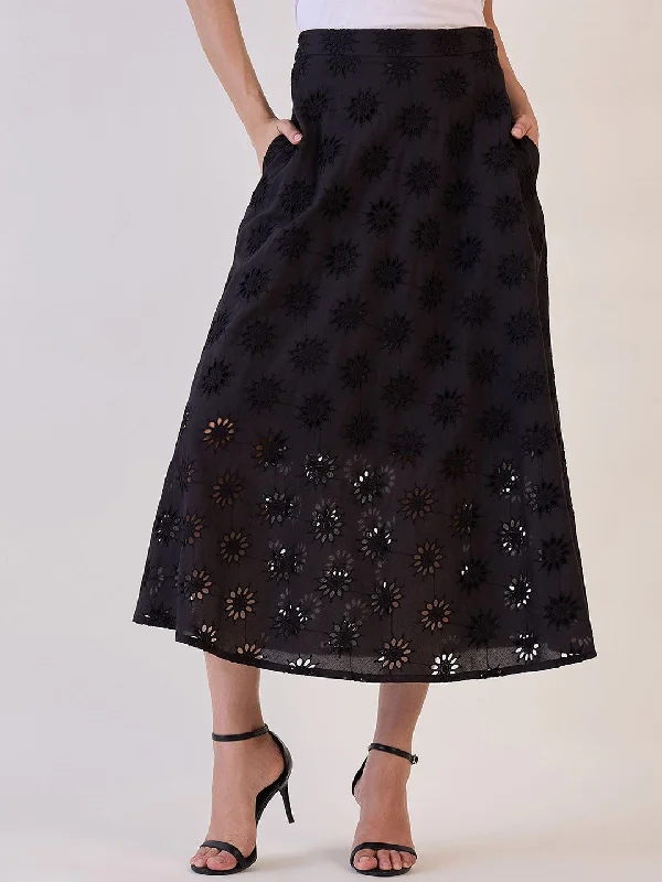 Black Schiffli Flared Skirt high slit skirt