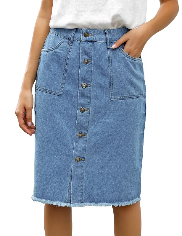 Blue Frayed Hem Button-Down Midi Denim Skirt satin skirt smooth