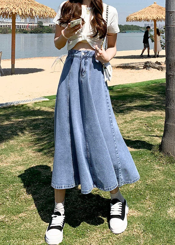 Classy Denim Light Blue High Waist Patchwork Button Cotton A Line Skirts Summer cashmere skirt plush