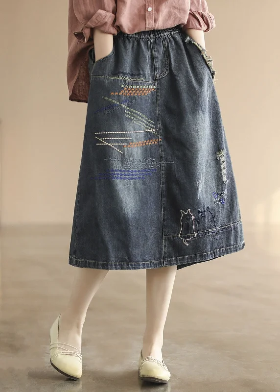 Dark Blue Elastic Waist Embroideried Cotton Denim Ripped Skirts Summer velvet skirt glossy