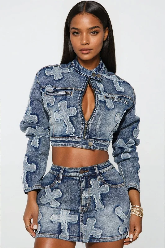 Embroidered Denim Skirt and Cropped Jacket Set asymmetrical skirt cut