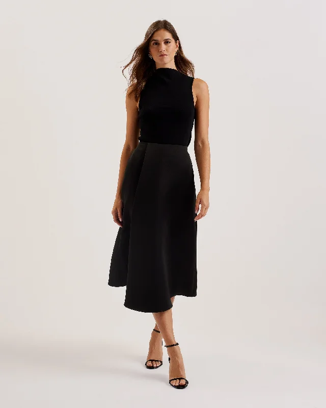 Erva Asymmetric Satin Wrap Midi Skirt Black boho skirt vibe