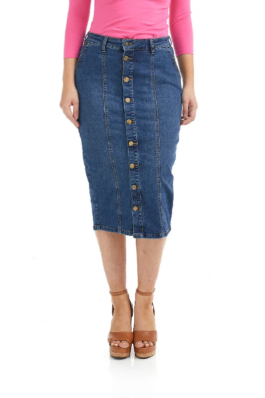 Below knee length midi denim jean skirt 'Seattle' patchwork skirt art