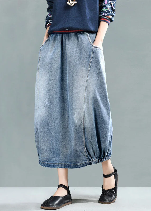 Fashion Light Blue Elastic Waist Pockets Cotton Denim Skirt Summer cashmere skirt rich