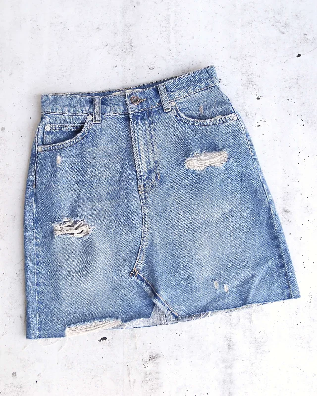 Free People Hallie Distressed Denim Skirt in Midstone corduroy skirt cozy