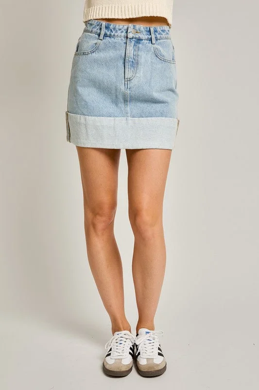 High Waisted Cuffed Denim Mini Skirt pencil skirt chic