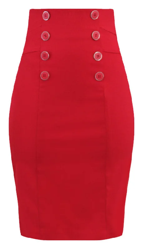 High Waist Pin Me Up Pencil Skirt in Red velvet skirt glossy