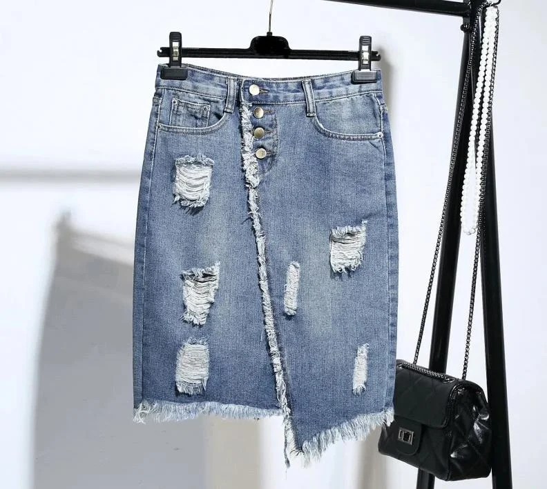 Light Blue Button Ripped Midi Denim Skirts velvet skirt luxurious