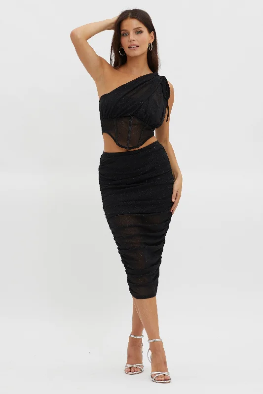 Maddisan Ruched Glitter Mesh Midi Skirt Black lace skirt romantic