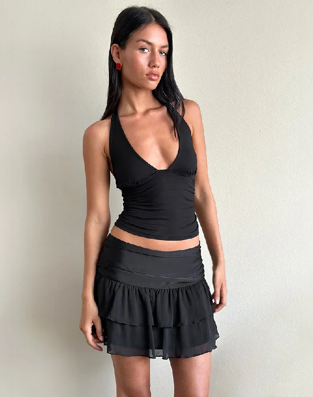 Masama Frill Mini Skirt in Black Satin and Chiffon wool skirt warm