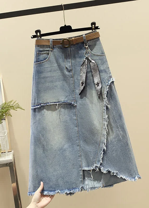 Modern Light Blue High Waist Asymmetrical Sashes Pendant Pockets Cotton Denim Skirt Summer linen skirt light