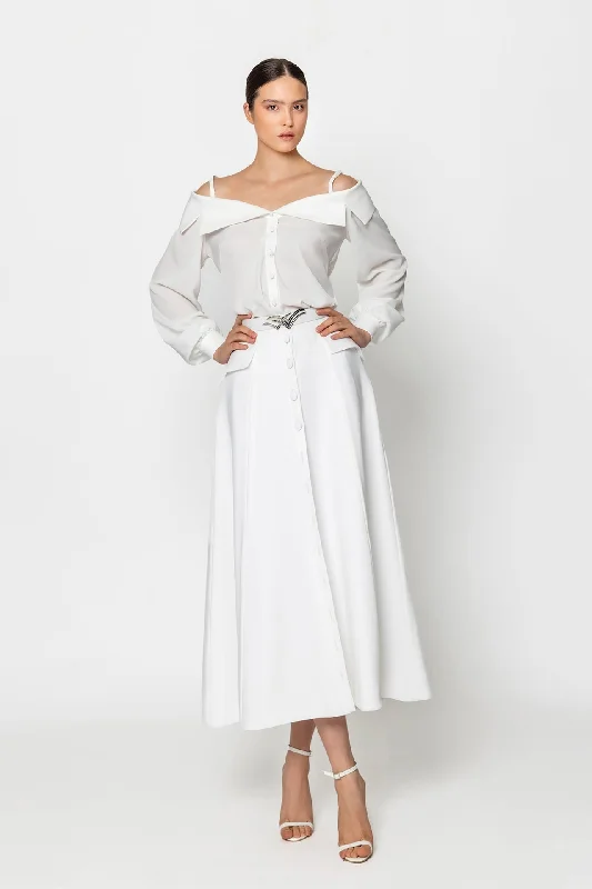 Off shoulder shirt with belted midi skirt silk skirt elegant