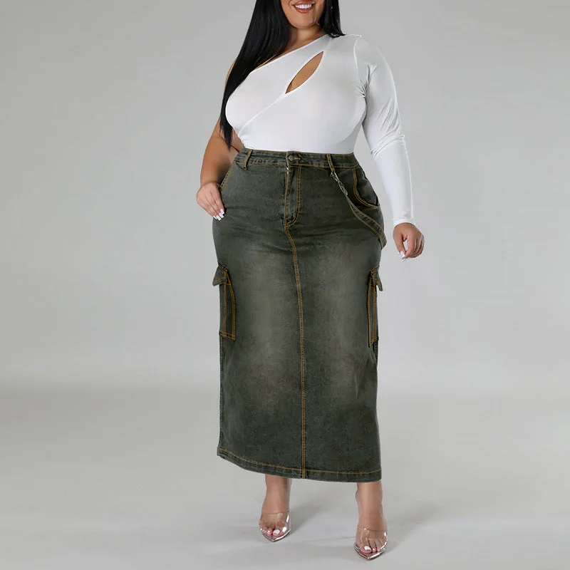 FZ Women's Plus Size Decoration Sleeveless Split Denim Skirt linen skirt airy