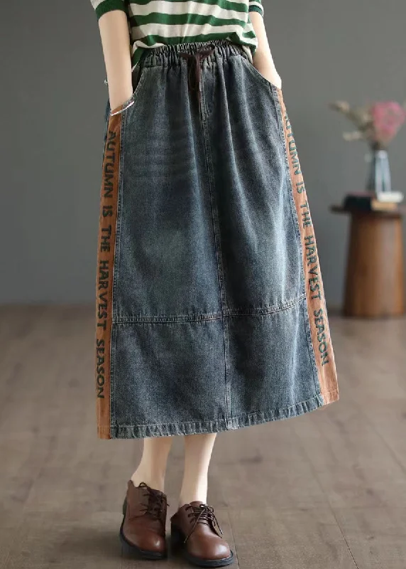 Simple Blue Pockets Patchwork A Line Fall Denim Skirts silk skirt lustrous