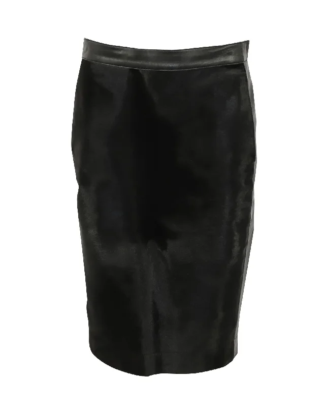 Black Leather Pencil Skirt with Panel Detailing and Exposed Back Zipper wool skirt breathable