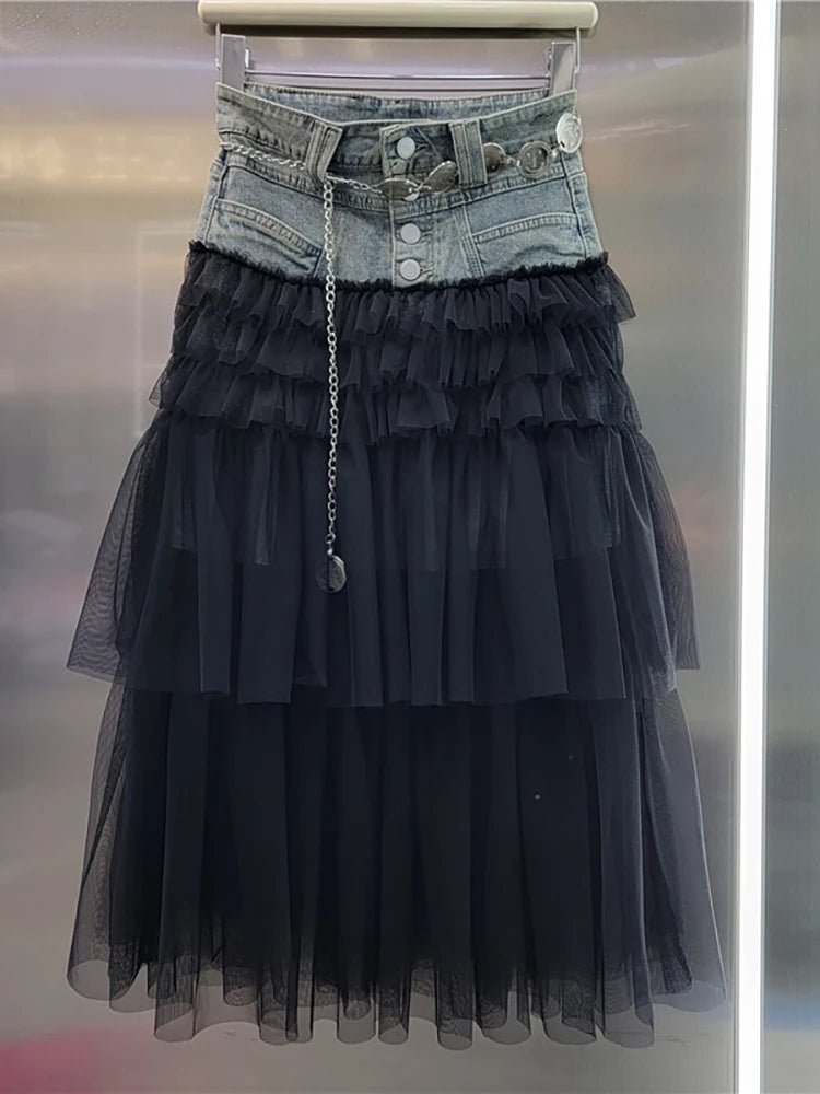 Women's Denim Skirt High Waist Patchwork Multi-layer Mesh A-line Skirt slim fit skirt