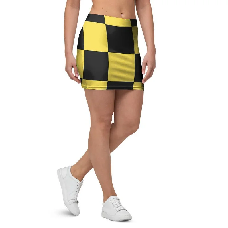 Yellow Checkered Print Mini Skirt slim fit skirt