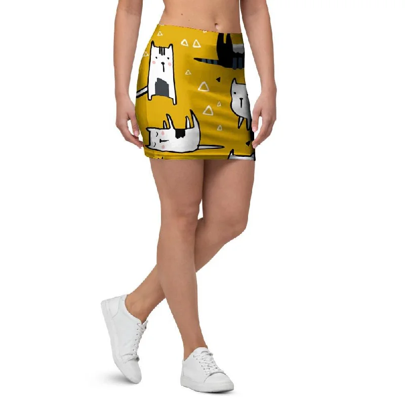 Yellow Doodle Cat Print Mini Skirt leather skirt sleek