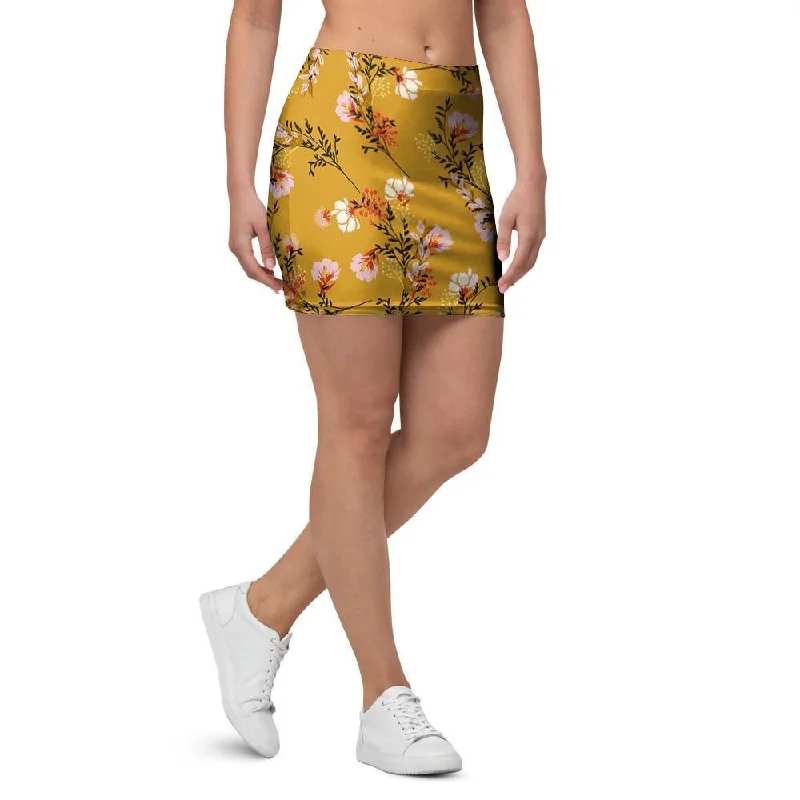 Yellow Floral Retro Print Mini Skirt chiffon skirt floaty