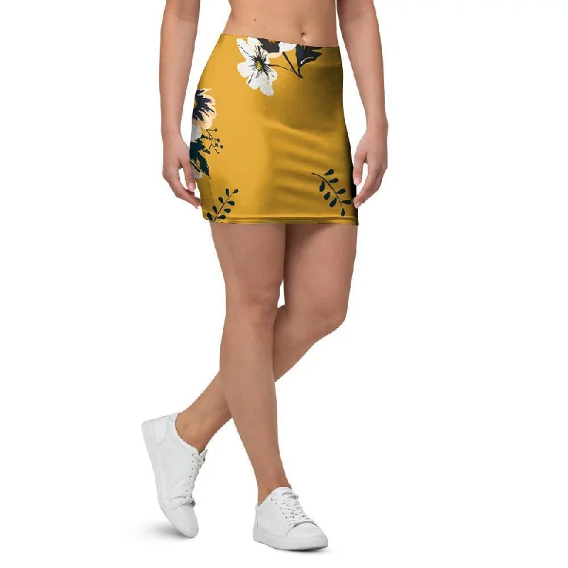 Yellow Flower Print Mini Skirt vintage skirt charm