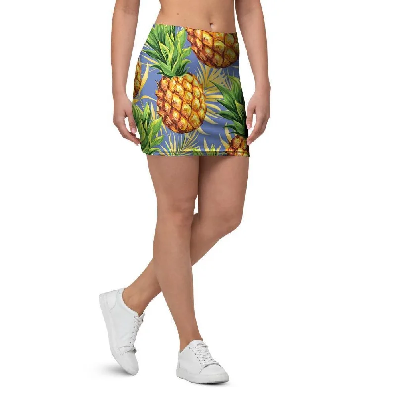 Yellow Pineapple Hawaiian Print Mini Skirt flowy skirt hem